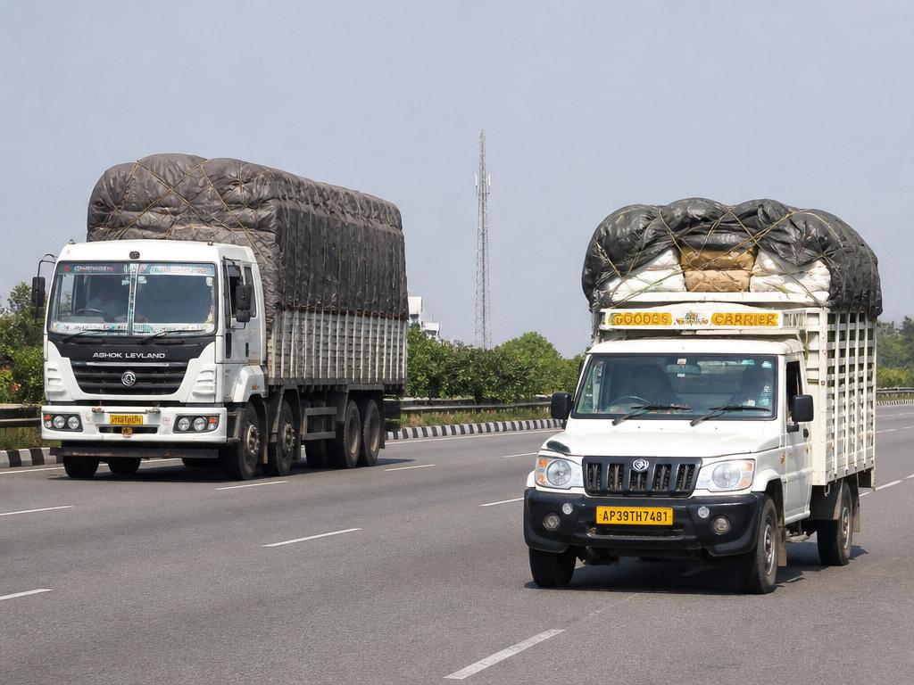 Loaded mini truck and freight lorry on an Indian national highway