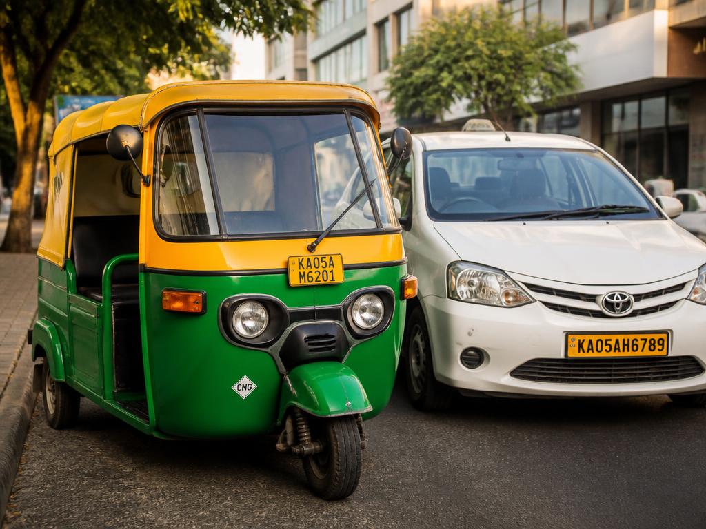 Auto rickshaw and white sedan taxi on an Indian city street