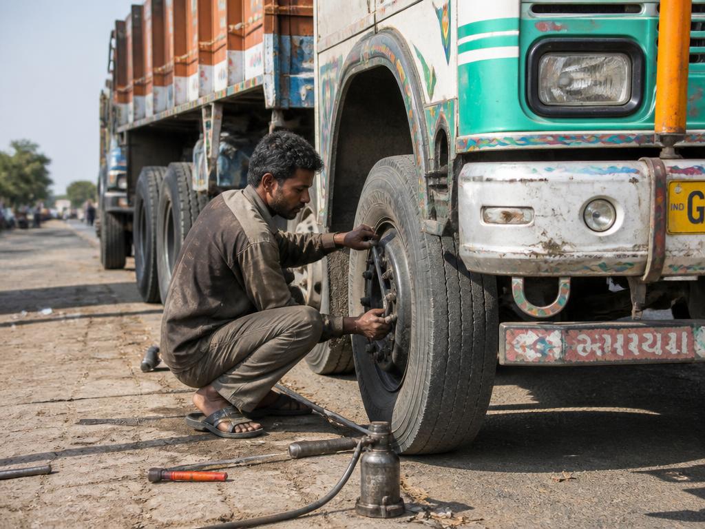 Roadside mechanic repairing a truck tyre on a highway